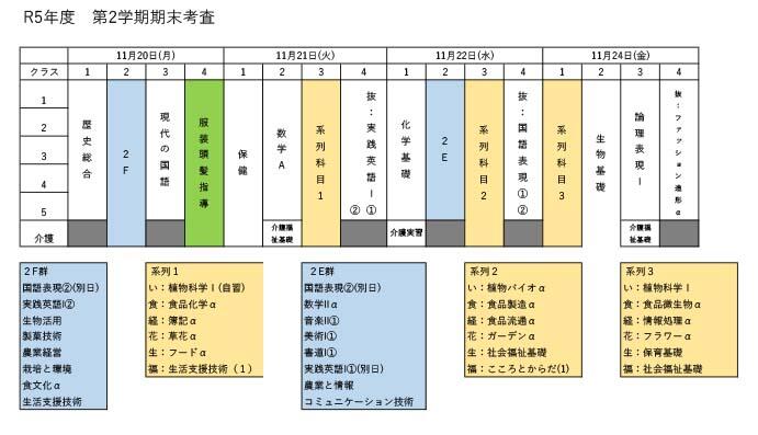 第２学期期末考査試験日程